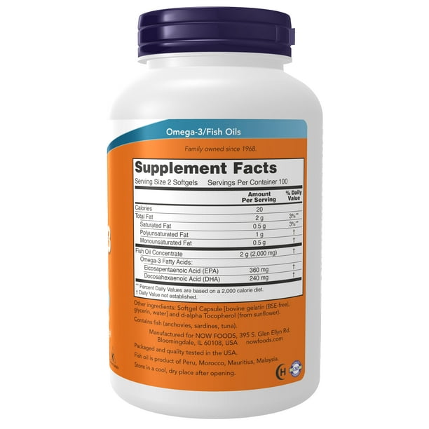 NOW Dietary supplements Omega-3, 180 EPA / 120 DHA, Molecularly Distilled for Cardiovascular Help*, 200 Softgels