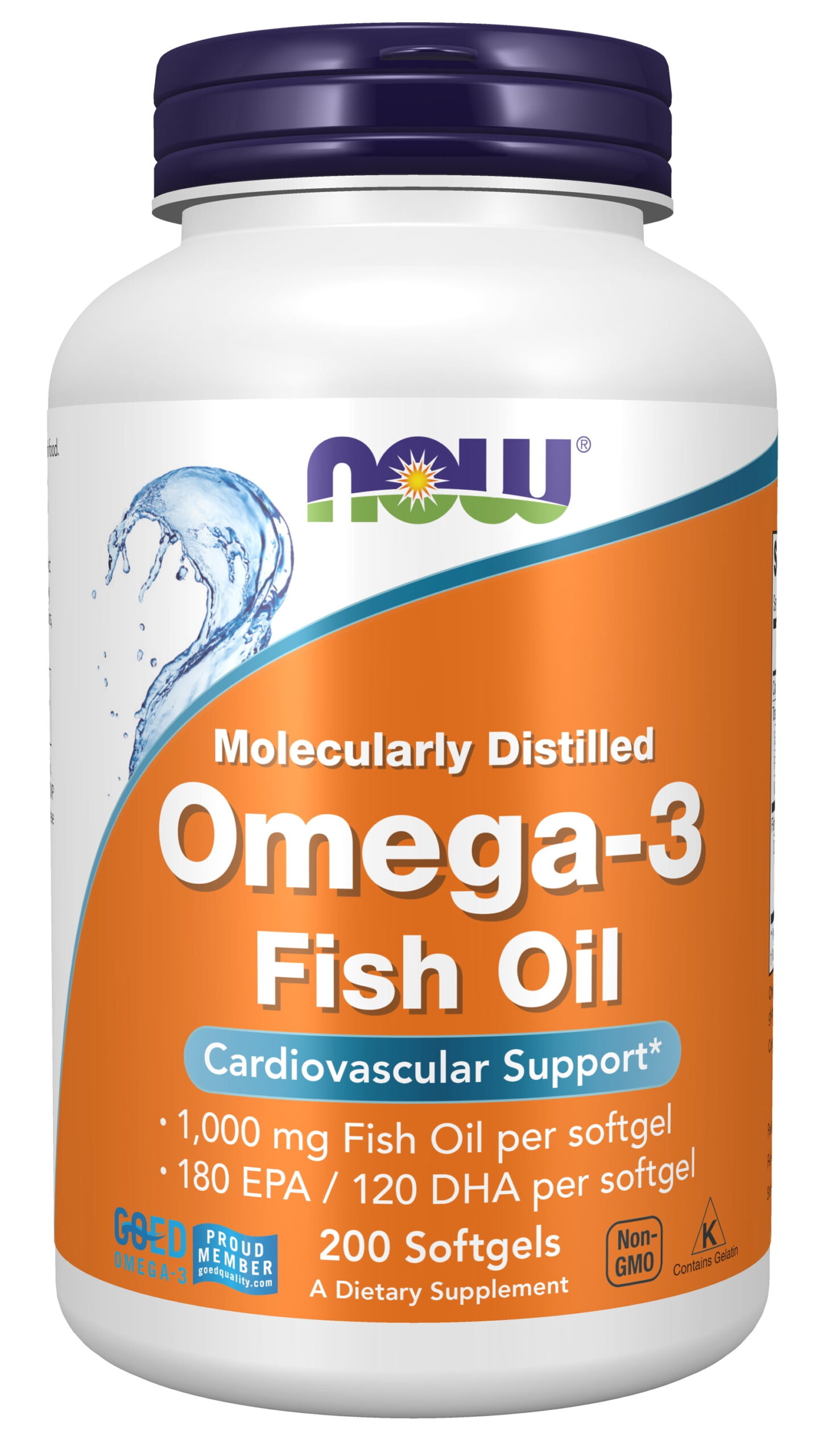 NOW Dietary supplements Omega-3, 180 EPA / 120 DHA, Molecularly Distilled for Cardiovascular Help*, 200 Softgels