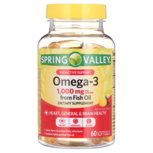 Spring Valley Omega-3 Fish Oil Softgels, 1000 mg Dietary Complement, 60 Capsules